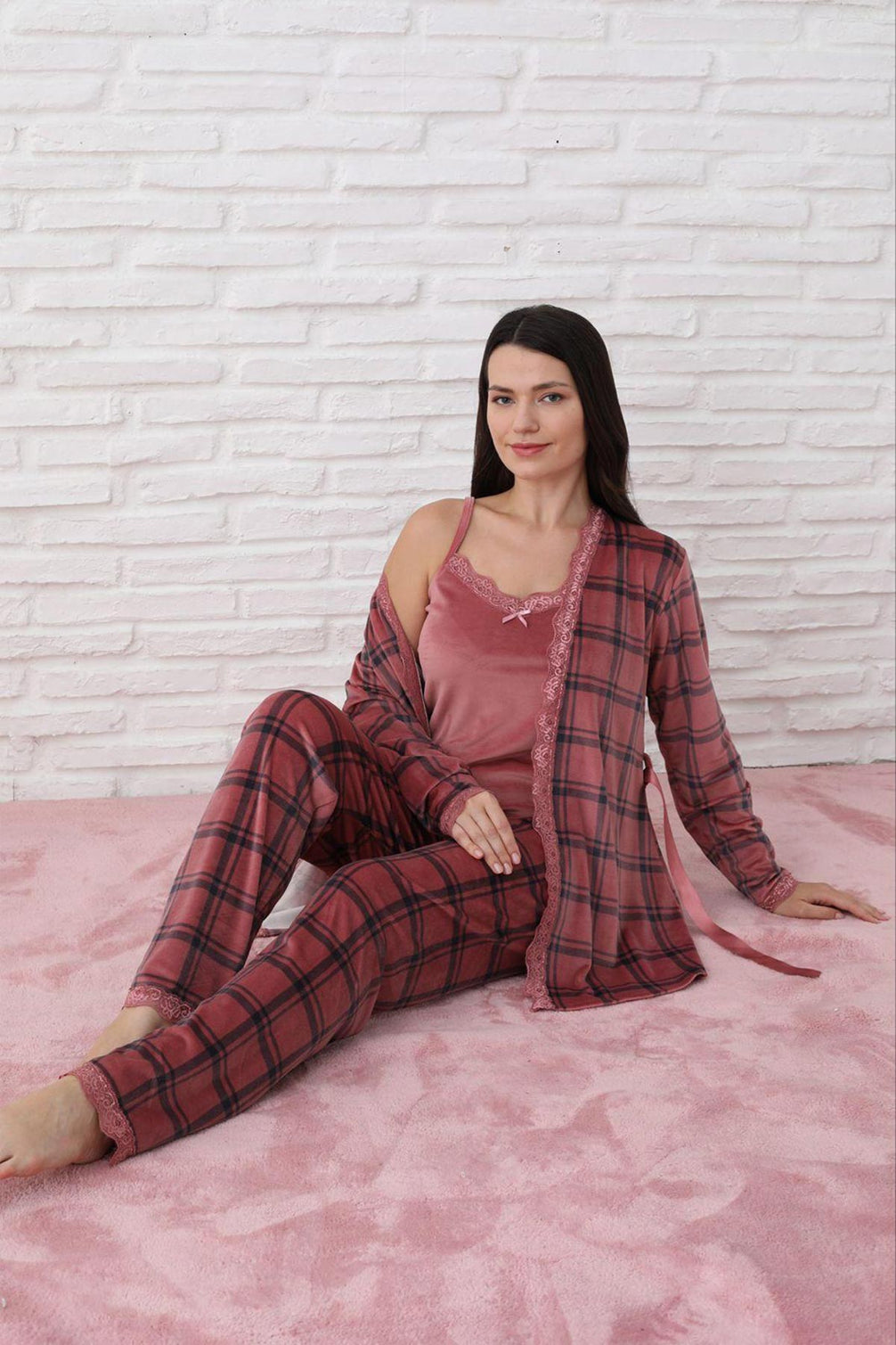 Pijamoni Kadın Sabahlıklı Pijama Takımı İp Askılı Kadife Desenli