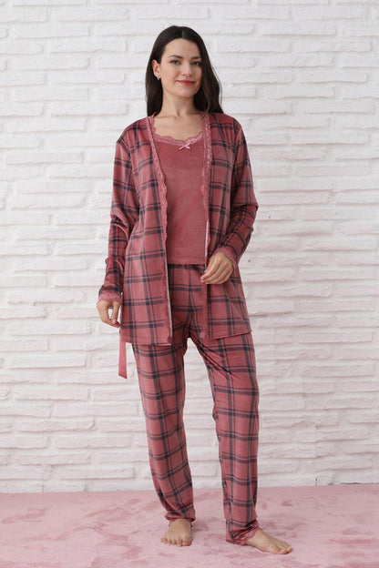Pijamoni Kadın Sabahlıklı Pijama Takımı İp Askılı Kadife Desenli