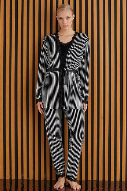 Pijamoni Kadın Sabahlıklı Pijama Takımı İp Askılı Kadife Desenli