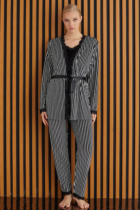 Pijamoni Kadın Sabahlıklı Pijama Takımı İp Askılı Kadife Desenli