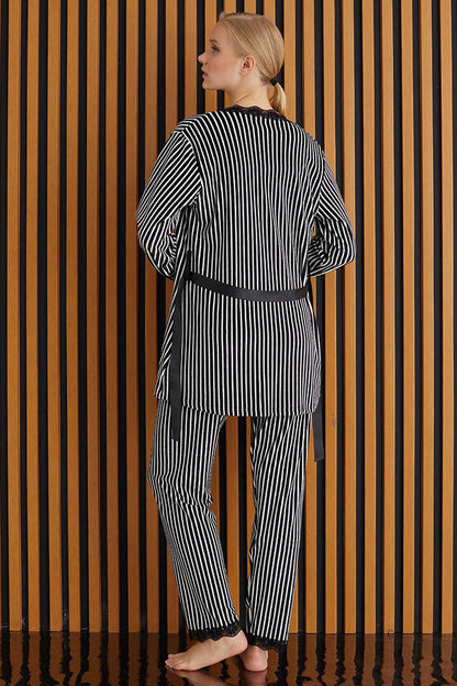 Pijamoni Kadın Sabahlıklı Pijama Takımı İp Askılı Kadife Desenli