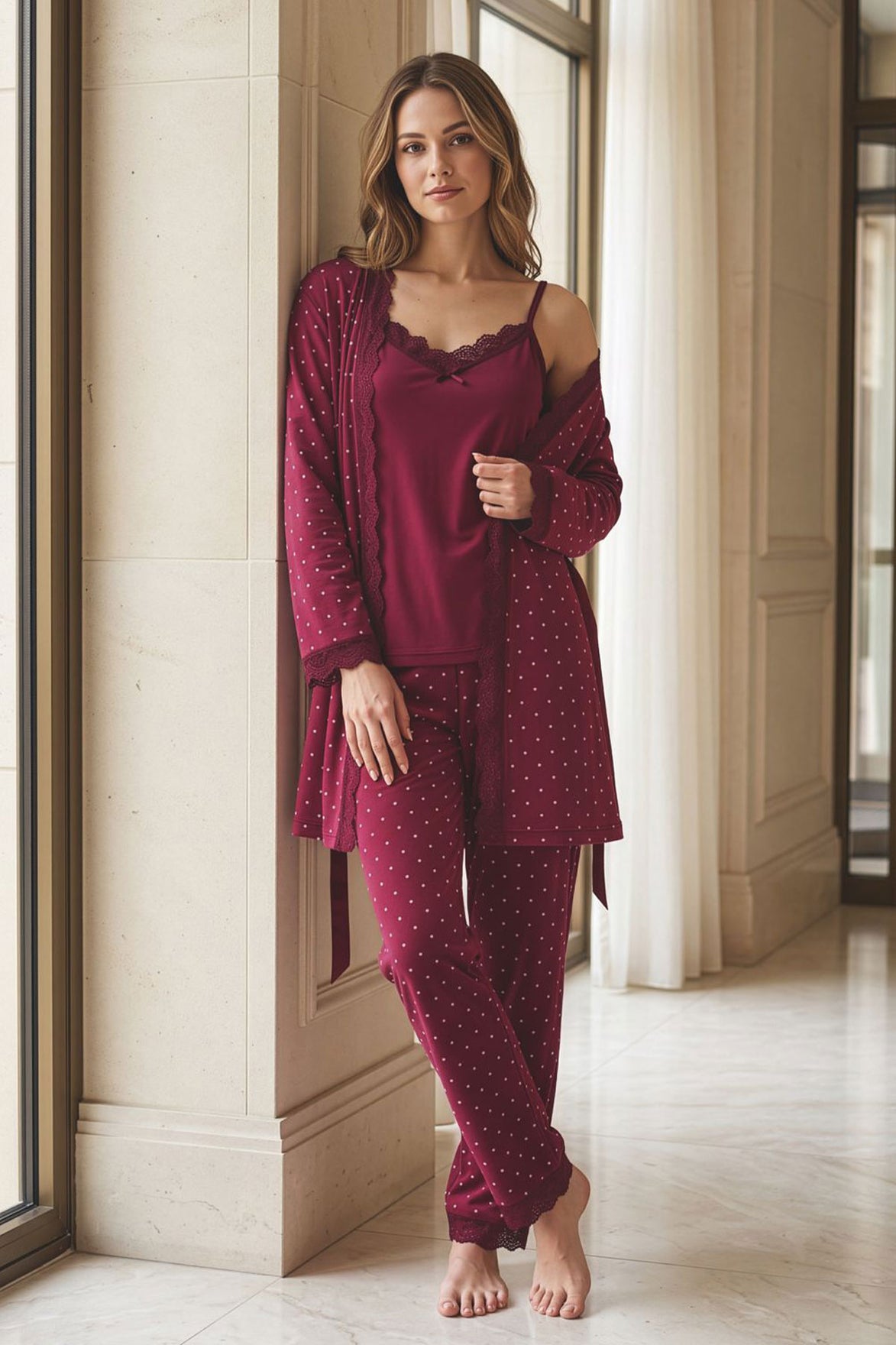 Pijamoni Kadın Sabahlıklı Pijama Takımı İp Askılı Kadife Desenli