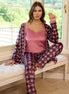 Pijamoni Kadın Sabahlıklı Pijama Takımı İp Askılı Kadife Ekose Desenli Kalp Baskılı