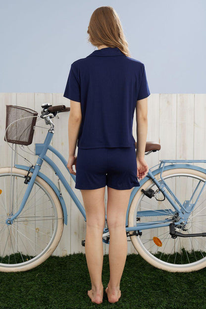 Pijamoni Kadın Şortlu Takım Gömlek Yaka Kısa Kollu Cepli Dublin