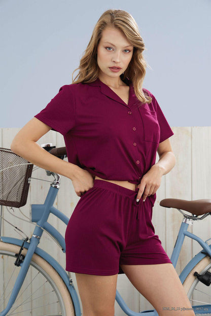 Pijamoni Kadın Şortlu Takım Gömlek Yaka Kısa Kollu Cepli Dublin