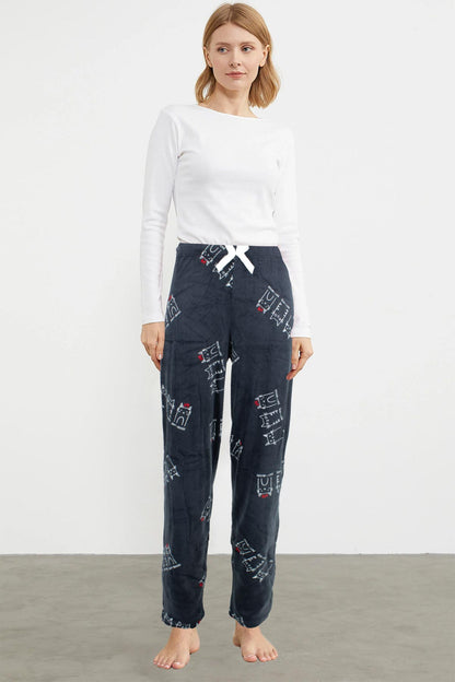 Pijamoni Kadın Tek Alt Pijama Baskılı Kadife