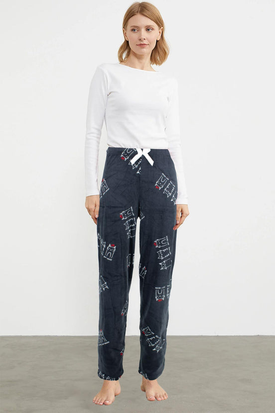 Pijamoni Kadın Tek Alt Pijama Baskılı Kadife