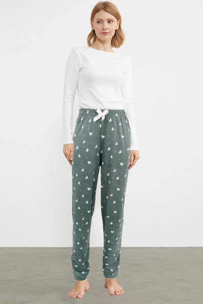 Pijamoni Kadın Tek Alt Pijama Baskılı Kadife