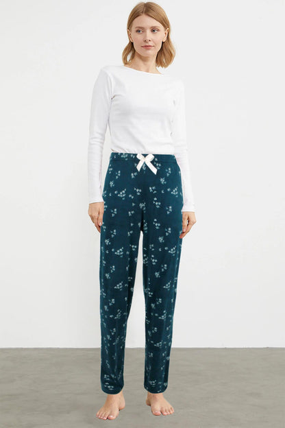 Pijamoni Kadın Tek Alt Pijama Baskılı Kadife