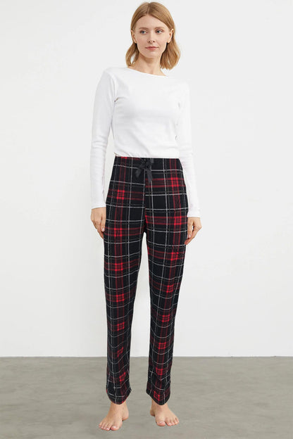 Pijamoni Kadın Tek Alt Pijama Cepli Desenli Süet Büyük Beden