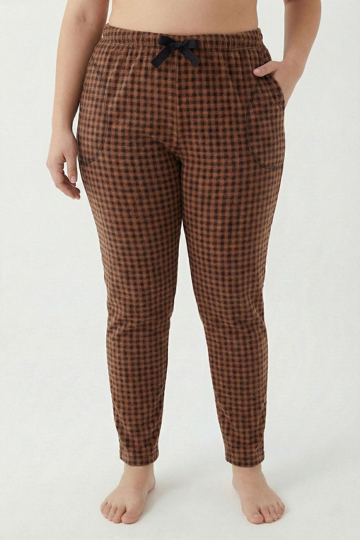 Pijamoni Kadın Tek Alt Pijama Cepli Desenli Süet Büyük Beden