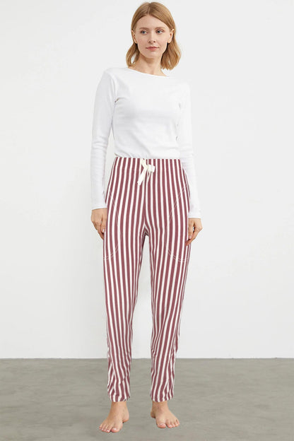 Pijamoni Kadın Tek Alt Pijama Cepli Desenli Süet Büyük Beden