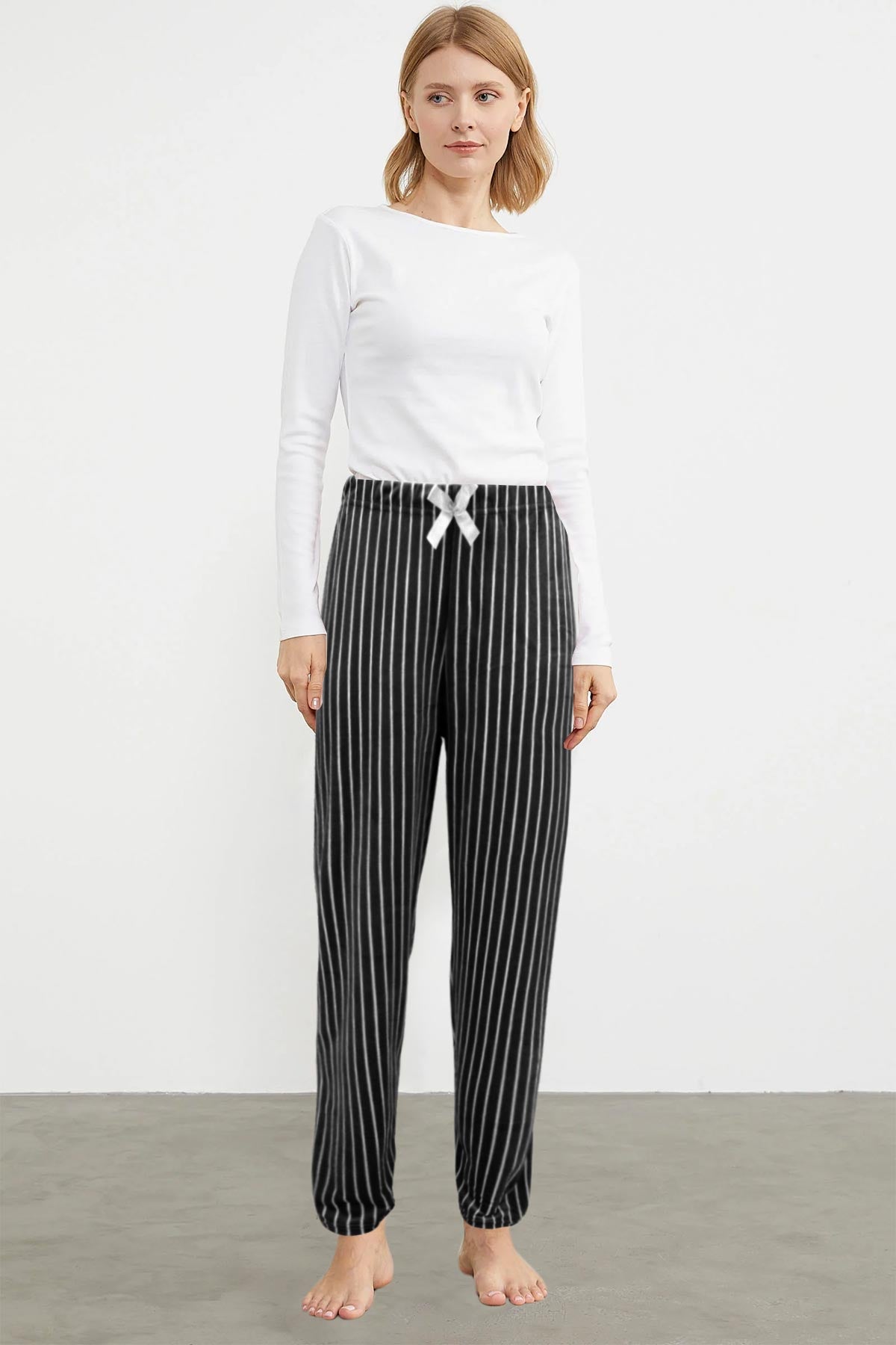 Pijamoni Kadın Tek Alt Pijama Cepli Desenli Süet Büyük Beden