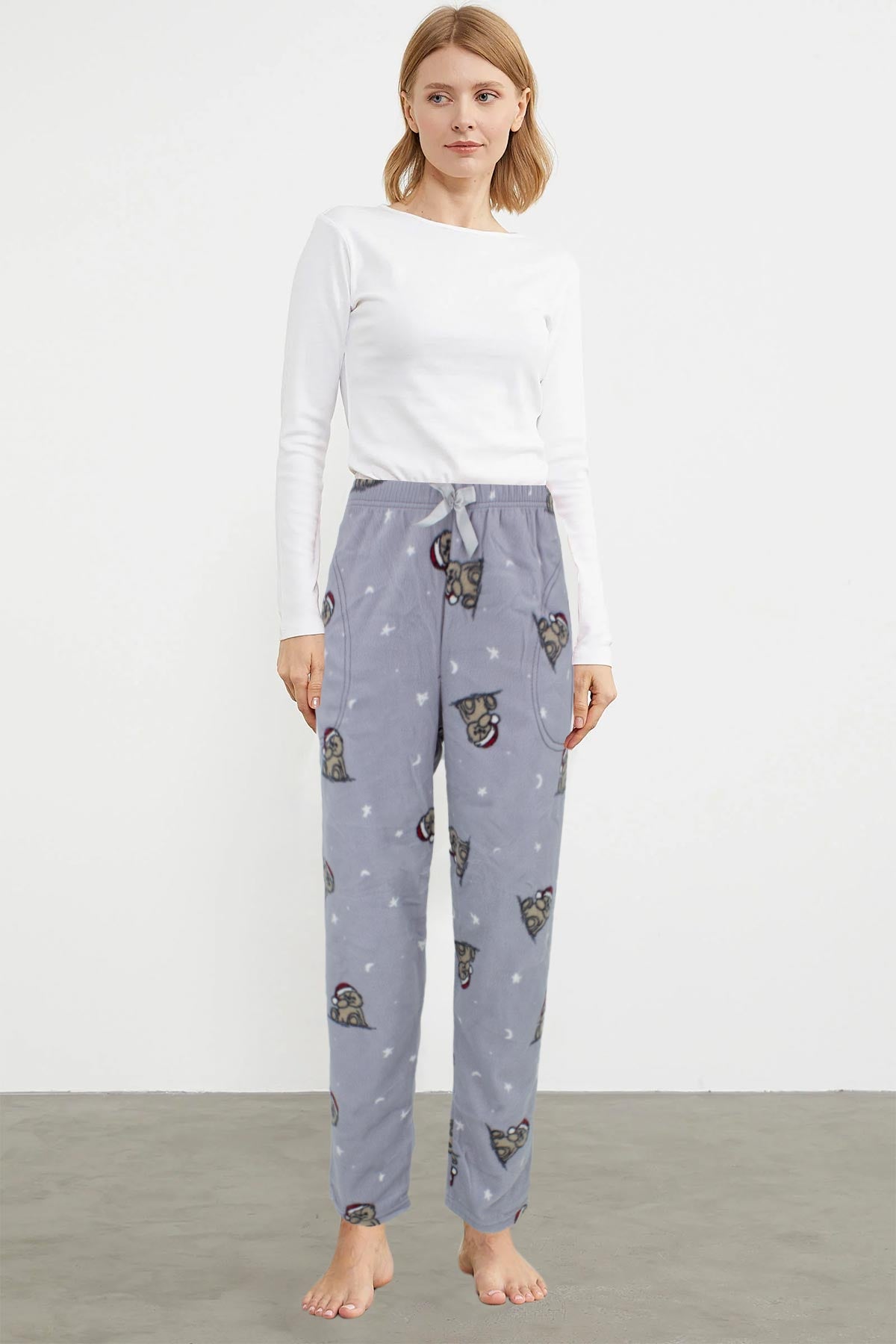 Pijamoni Kadın Tek Alt Pijama Cepli İnci Polar