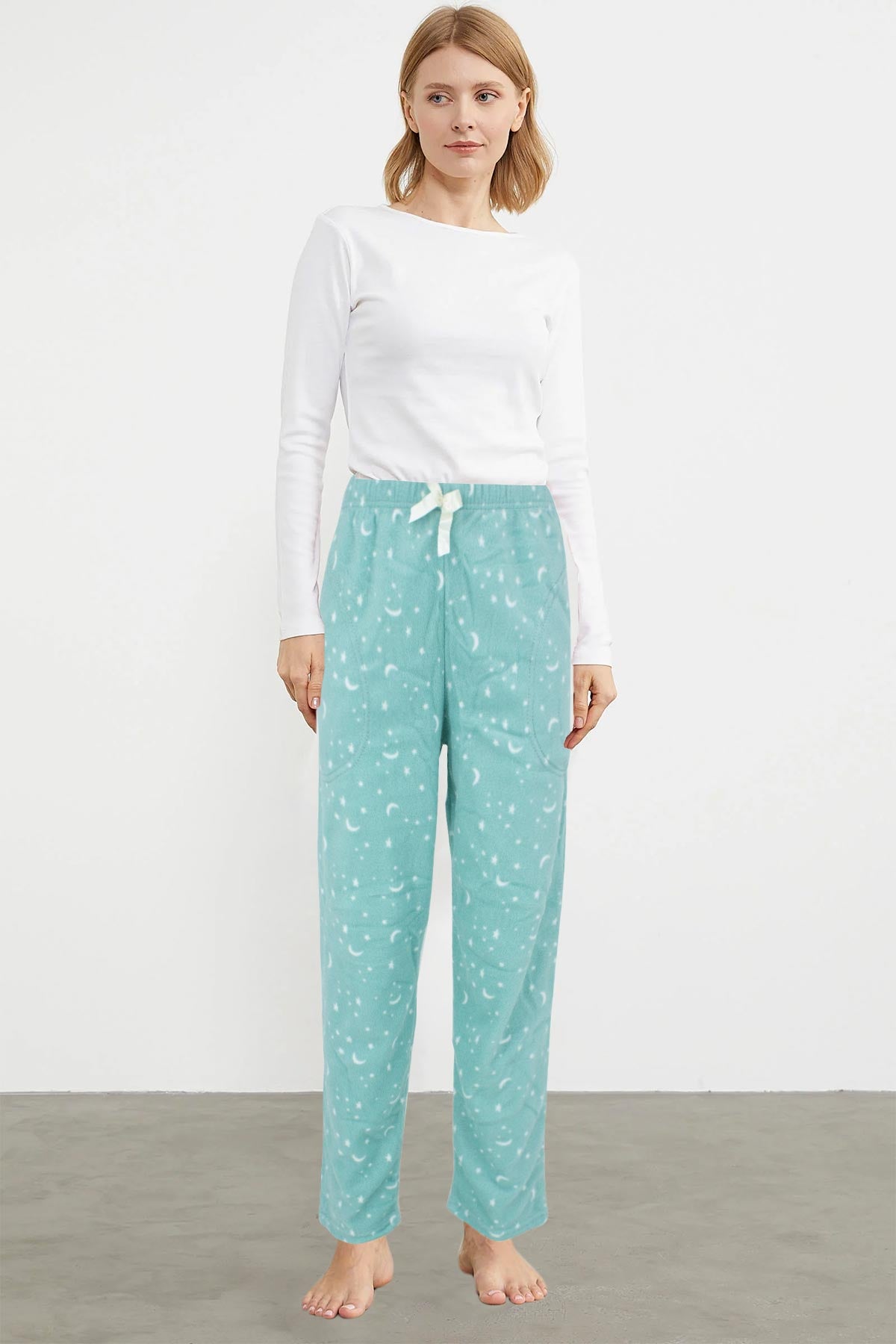 Pijamoni Kadın Tek Alt Pijama Cepli İnci Polar