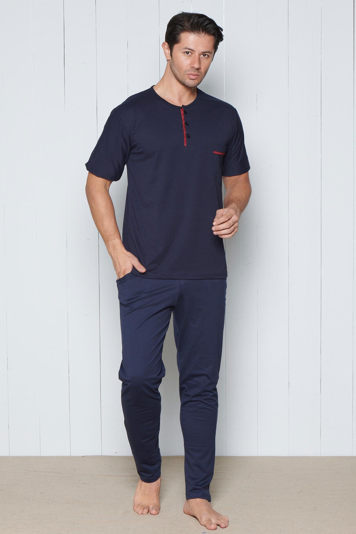 Pınarca Erkek Pijama Takımı Kısa Kollu 3 Düğmeli Pamuklu Büyük Beden