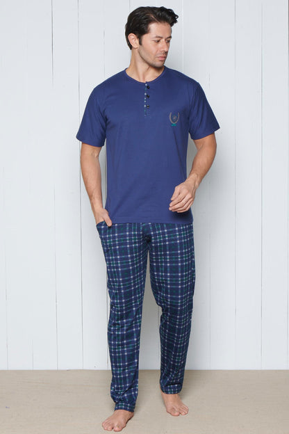 Pınarca Erkek Pijama Takımı Kısa Kollu Alt Ekose Desenli Pamuklu