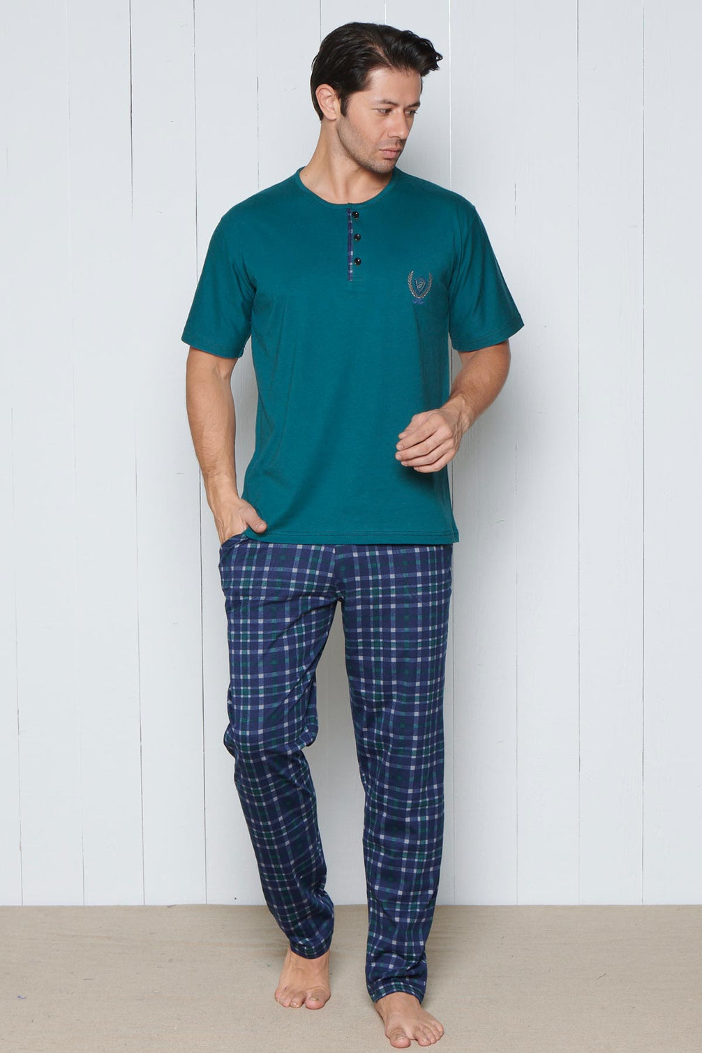 Pınarca Erkek Pijama Takımı Kısa Kollu Alt Ekose Desenli Pamuklu