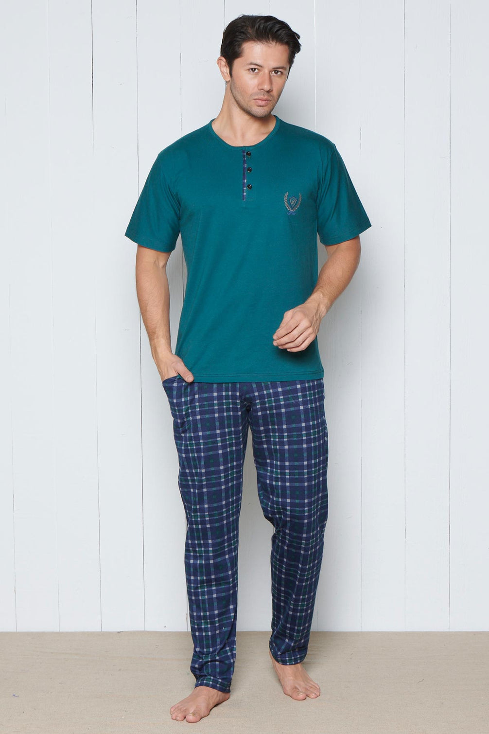 Pınarca Erkek Pijama Takımı Kısa Kollu Alt Ekose Desenli Pamuklu