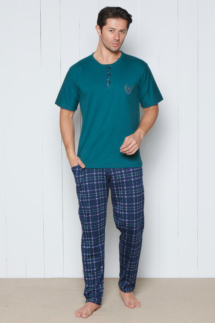 Pınarca Erkek Pijama Takımı Kısa Kollu Alt Ekose Desenli Pamuklu