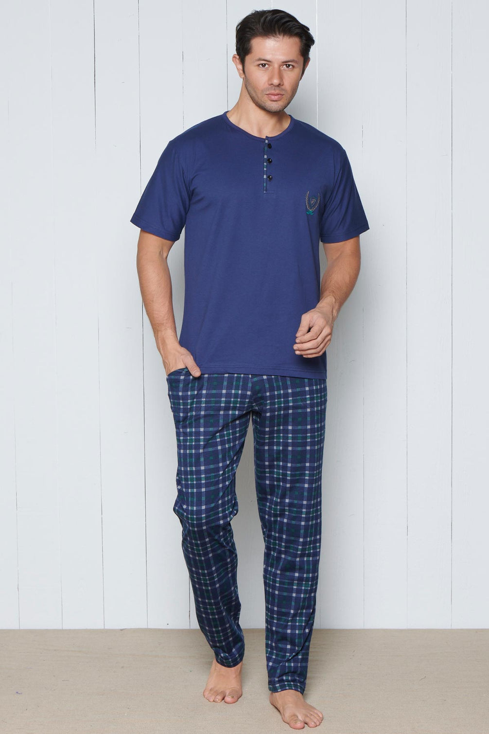 Pınarca Erkek Pijama Takımı Kısa Kollu Alt Ekose Desenli Pamuklu