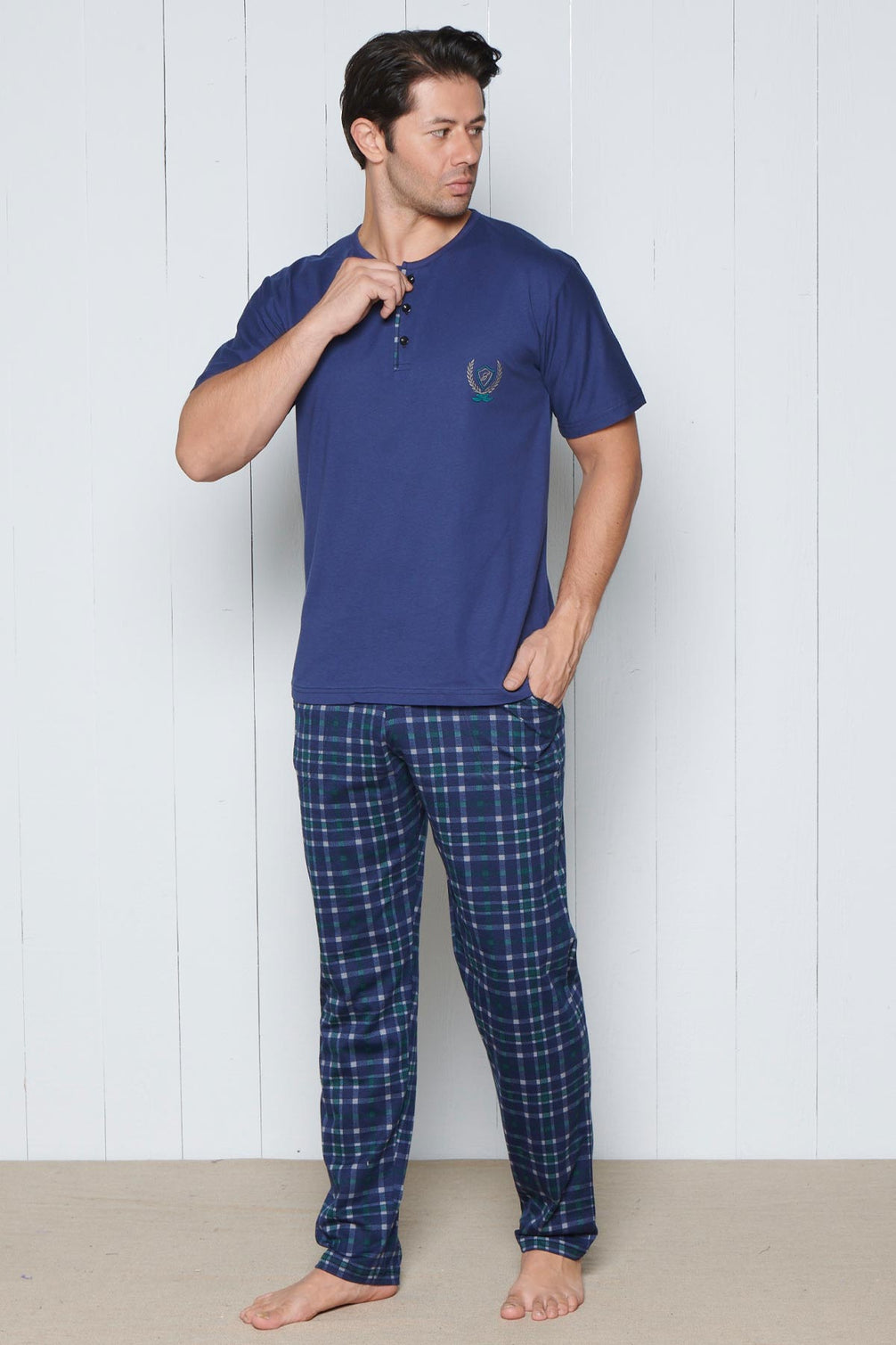 Pınarca Erkek Pijama Takımı Kısa Kollu Alt Ekose Desenli Pamuklu