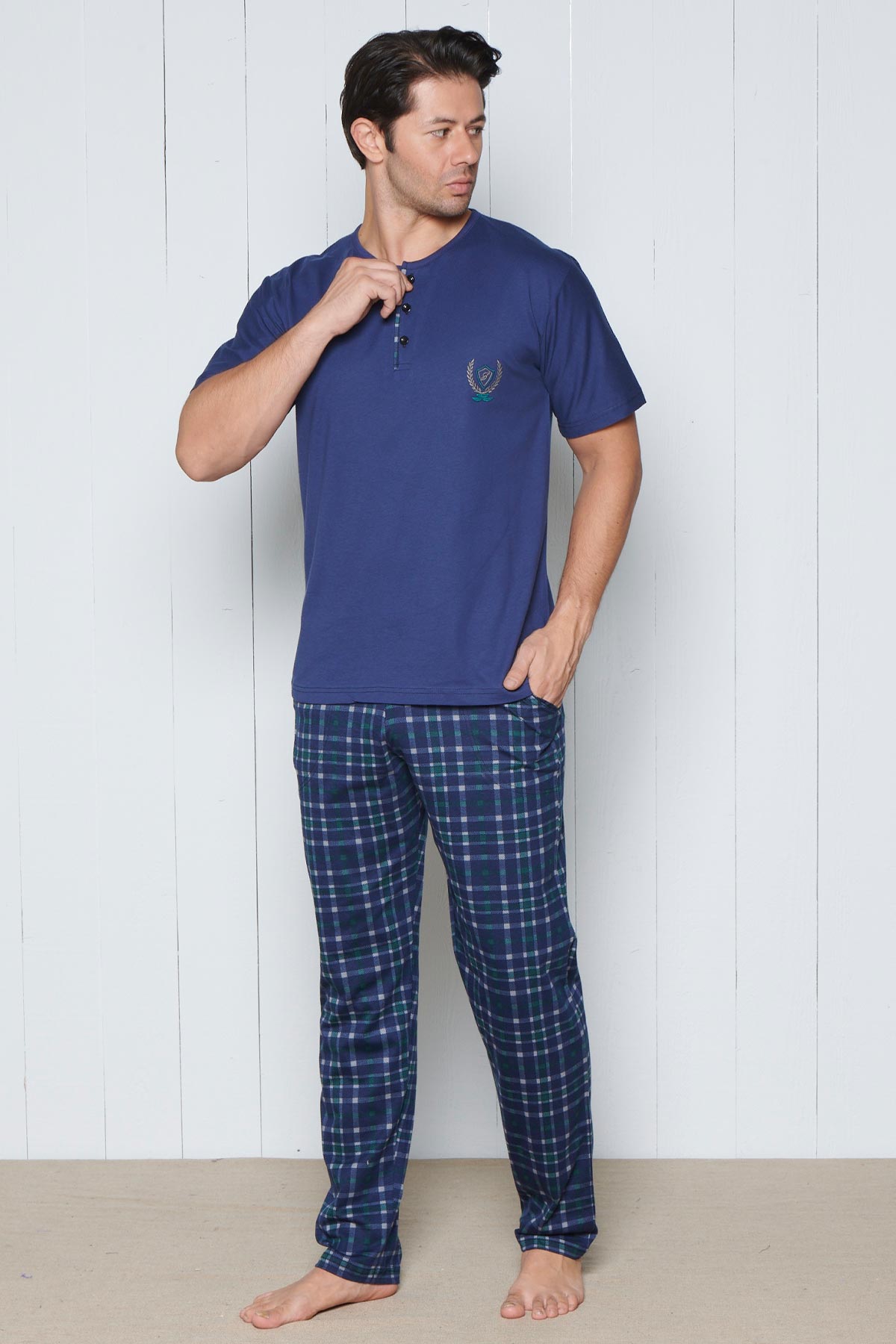 Pınarca Erkek Pijama Takımı Kısa Kollu Alt Ekose Desenli Pamuklu