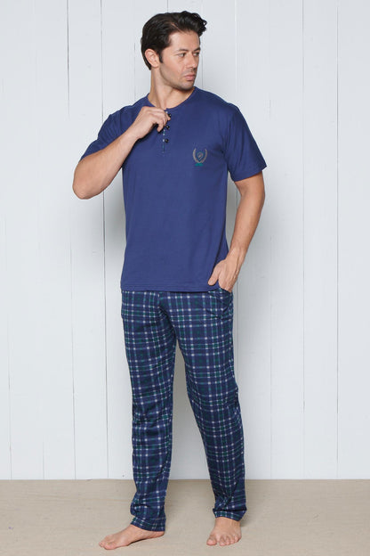 Pınarca Erkek Pijama Takımı Kısa Kollu Alt Ekose Desenli Pamuklu