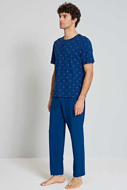 Pınarca Erkek Pijama Takımı Kısa Kollu Bisiklet Yaka 3 Düğmeli Desenli