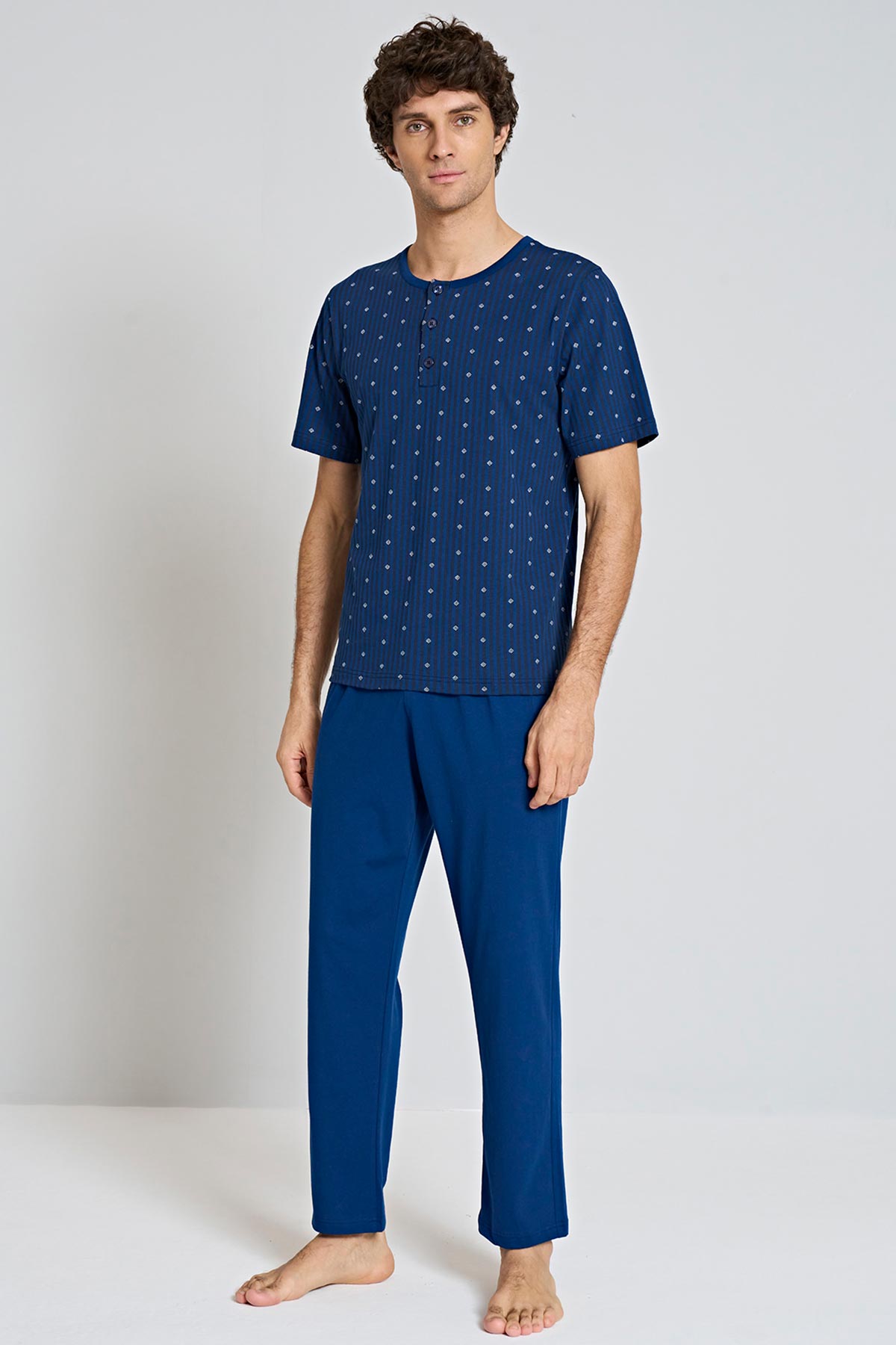 Pınarca Erkek Pijama Takımı Kısa Kollu Bisiklet Yaka 3 Düğmeli Desenli