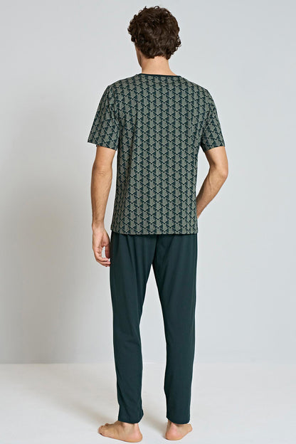 Pınarca Erkek Pijama Takımı Kısa Kollu Bisiklet Yaka Geometrik Desenli