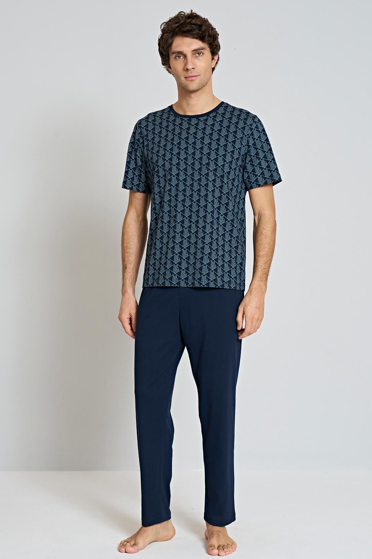 Pınarca Erkek Pijama Takımı Kısa Kollu Bisiklet Yaka Geometrik Desenli Büyük Beden