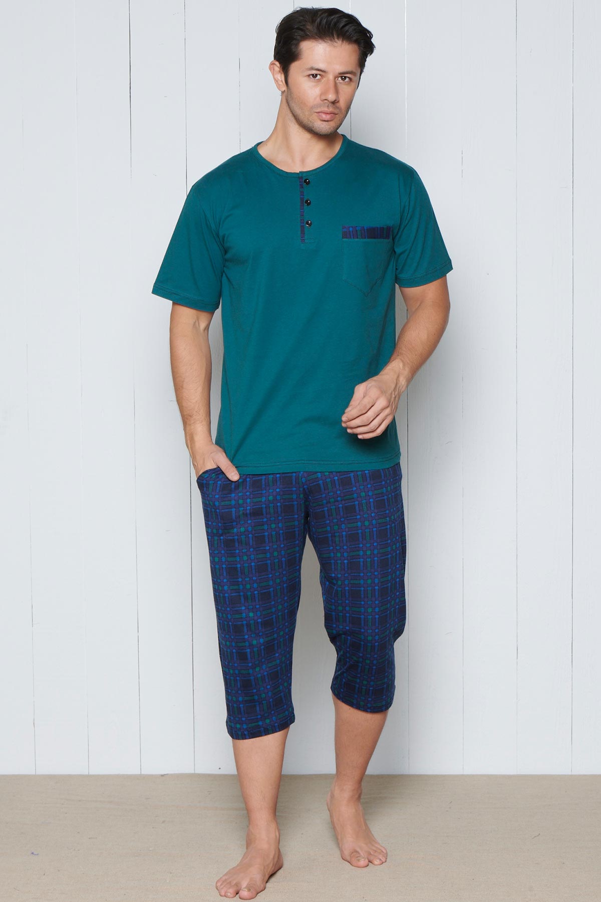 Pınarca Erkek Pijama Takımı Kısa Kollu Kaprili Alt Ekose Desenli Pamuklu