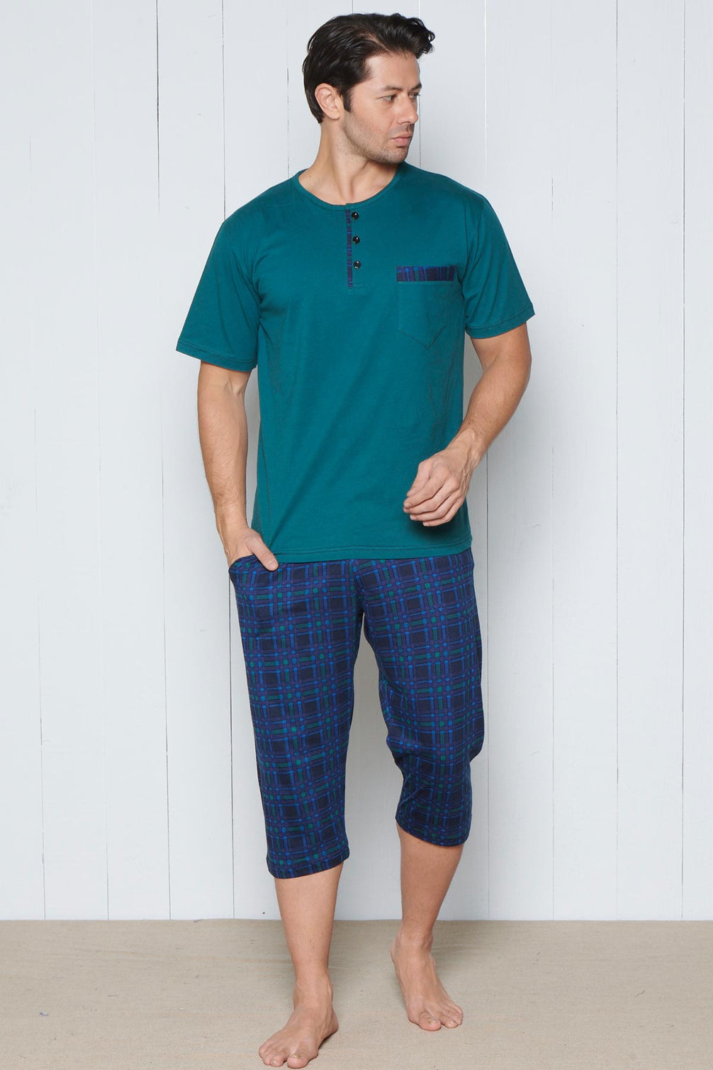 Pınarca Erkek Pijama Takımı Kısa Kollu Kaprili Alt Ekose Desenli Pamuklu