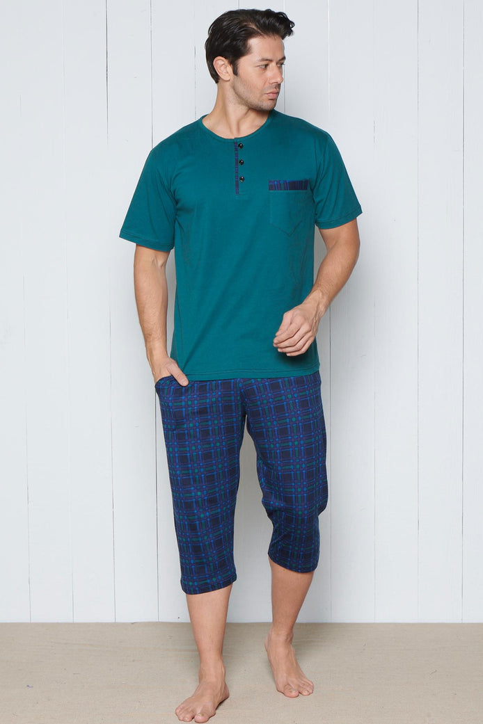 Pınarca Erkek Pijama Takımı Kısa Kollu Kaprili Alt Ekose Desenli Pamuklu
