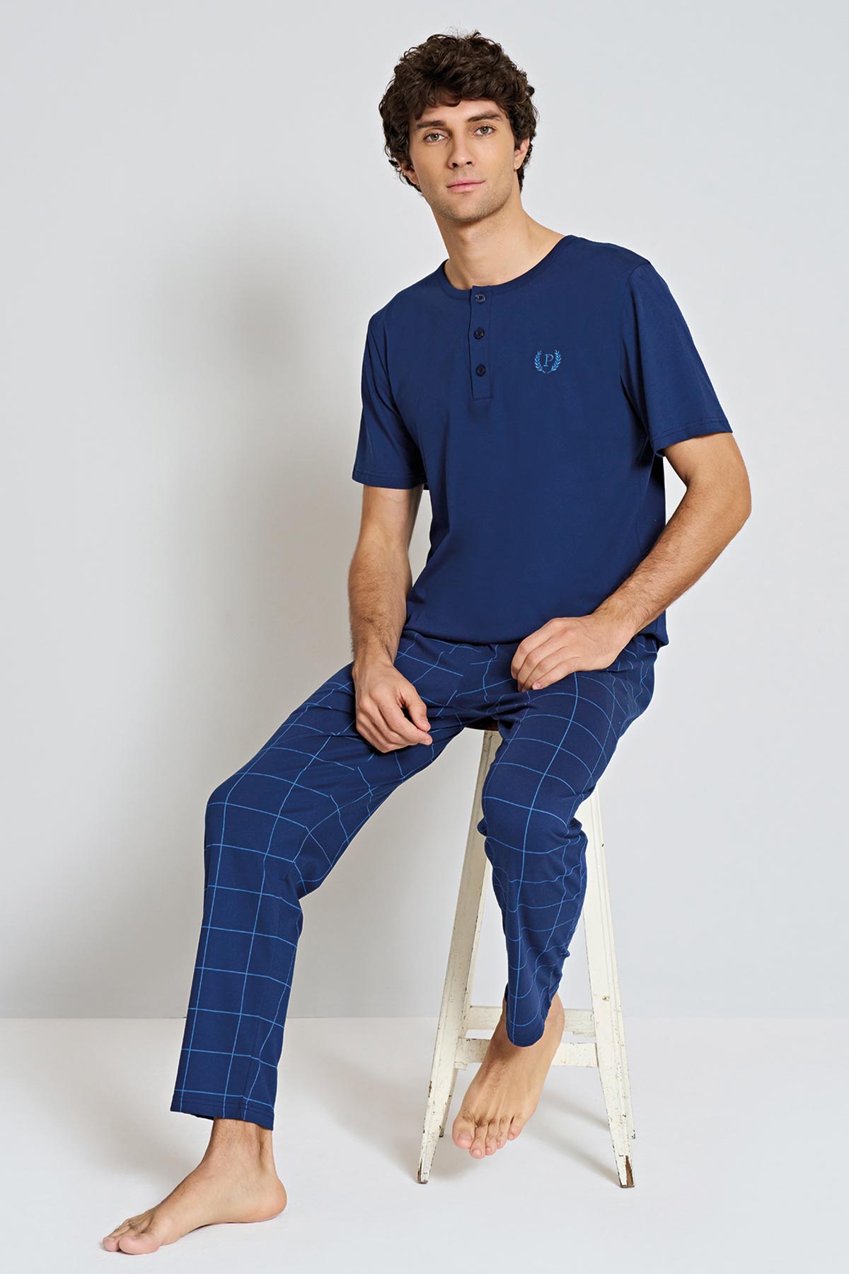 Pınarca Erkek Pijama Takımı Kısa Kollu Üç Düğmeli Bisiklet Yaka