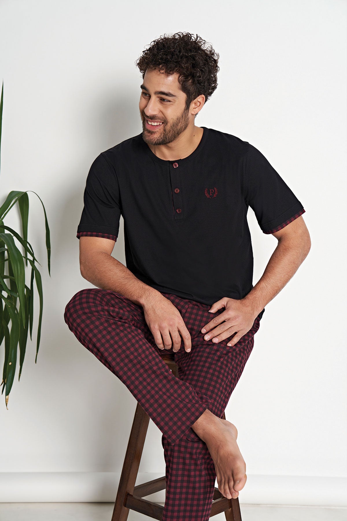 Pınarca Erkek Pijama Takımı Pamuklu Kısa Kollu 3 Düğmeli Kareli