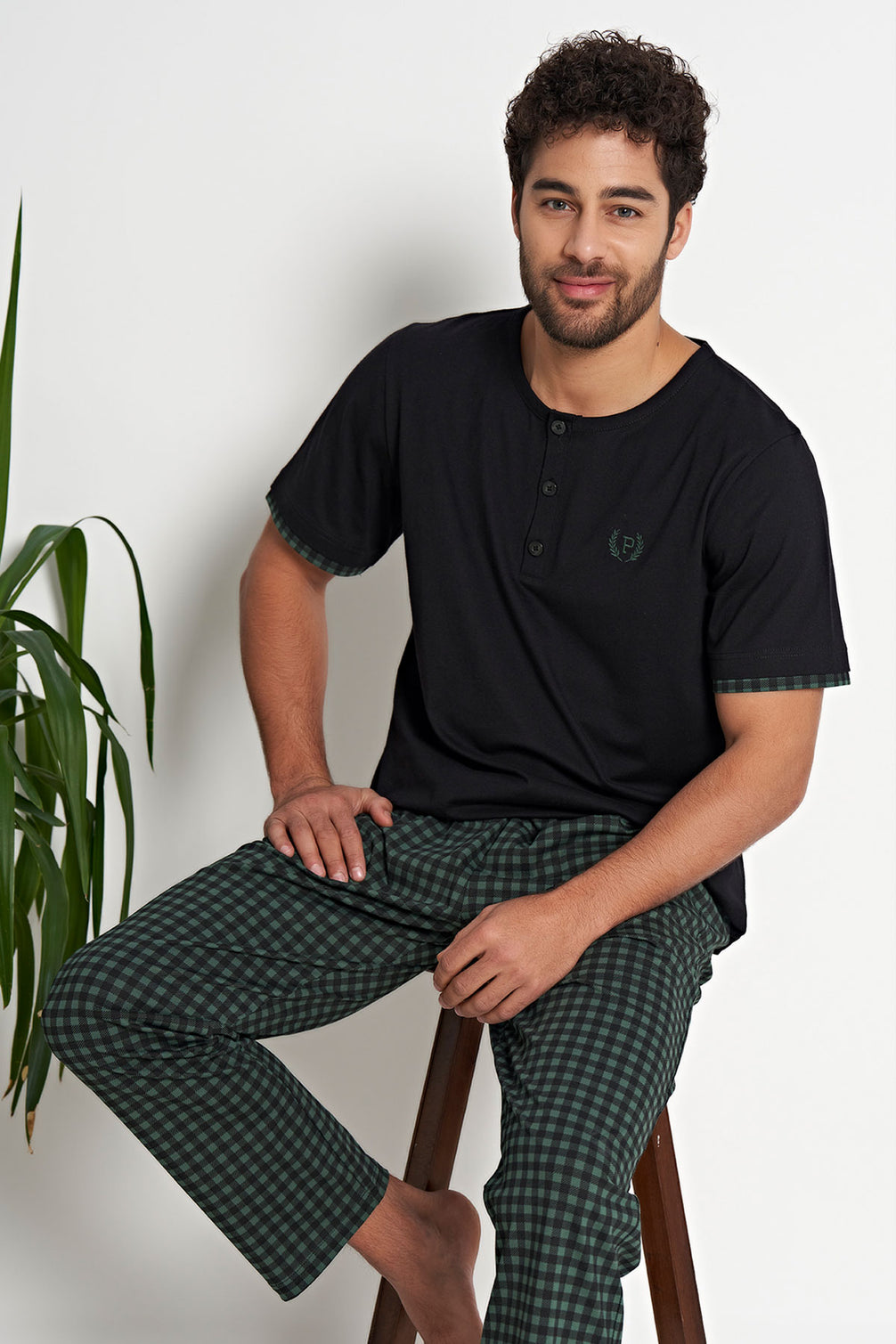 Pınarca Erkek Pijama Takımı Pamuklu Kısa Kollu 3 Düğmeli Kareli