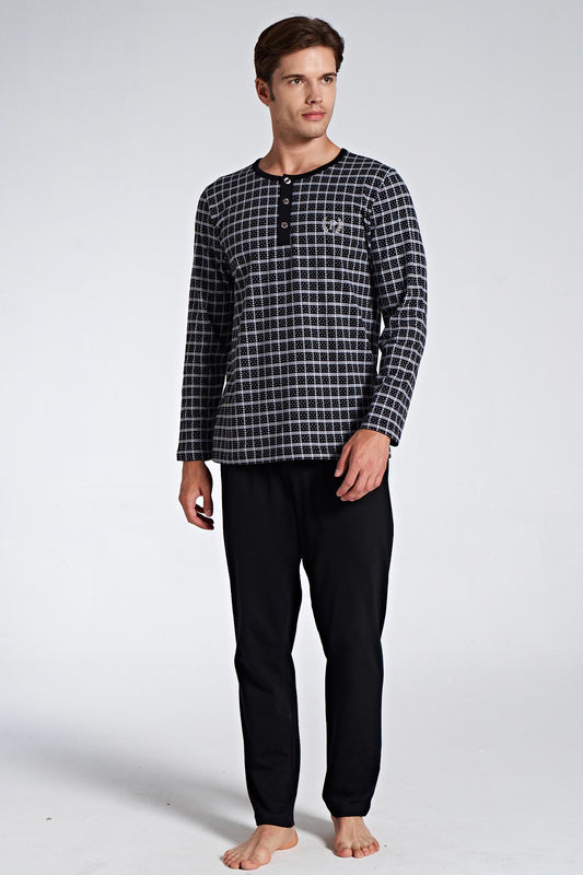 Pınarca Erkek Pijama Takımı Uzun Kol Düğmel Bisiklet Yaka Kareli