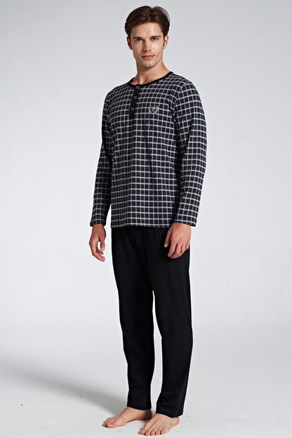 Pınarca Erkek Pijama Takımı Uzun Kol Düğmel Bisiklet Yaka Kareli