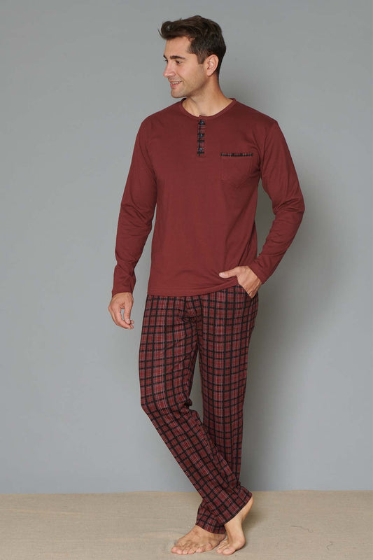 Pınarca Erkek Pijama Takımı Uzun Kollu Düğmeli Altı Ekose İnterlok