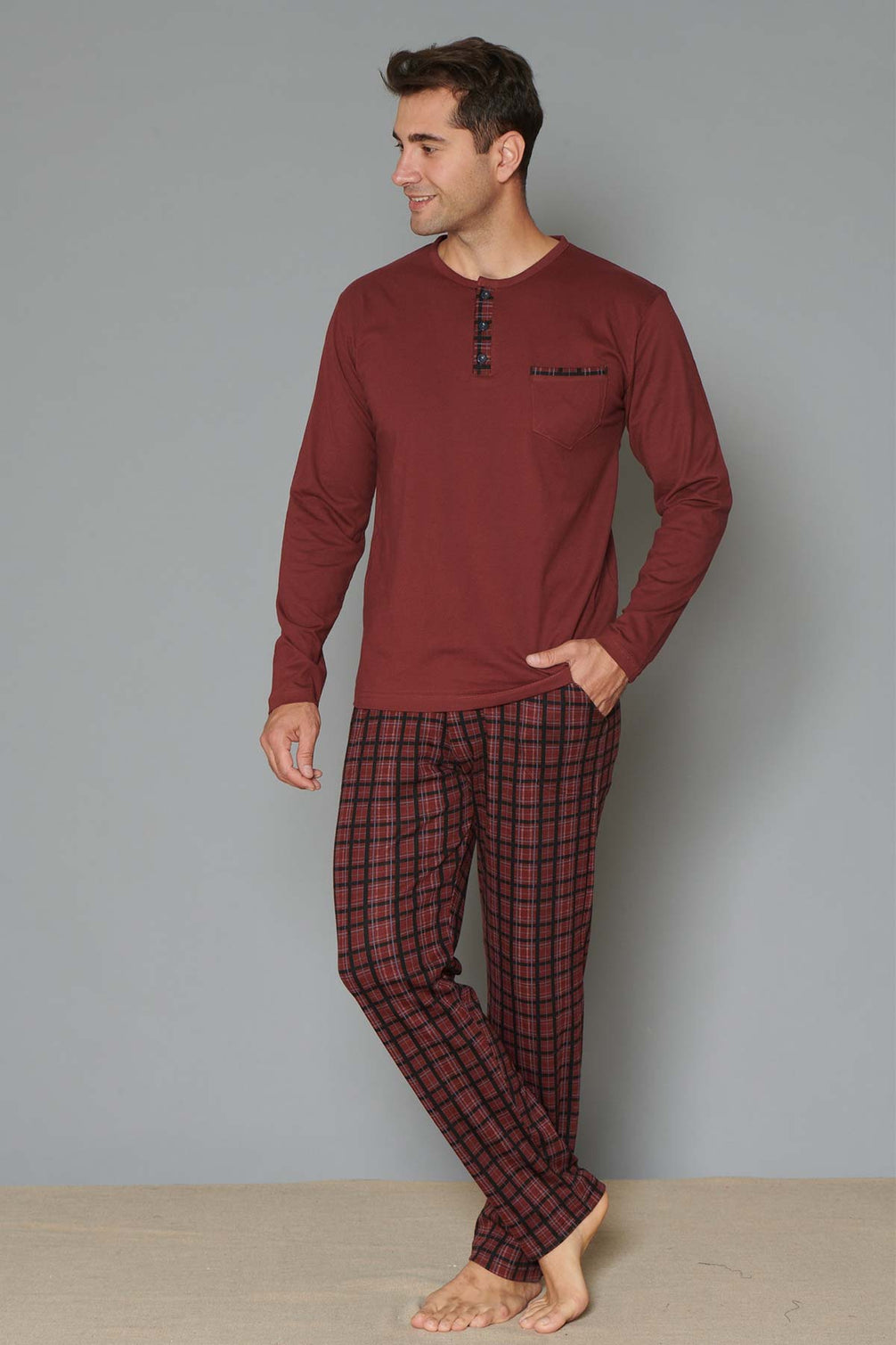Pınarca Erkek Pijama Takımı Uzun Kollu Düğmeli Altı Ekose İnterlok