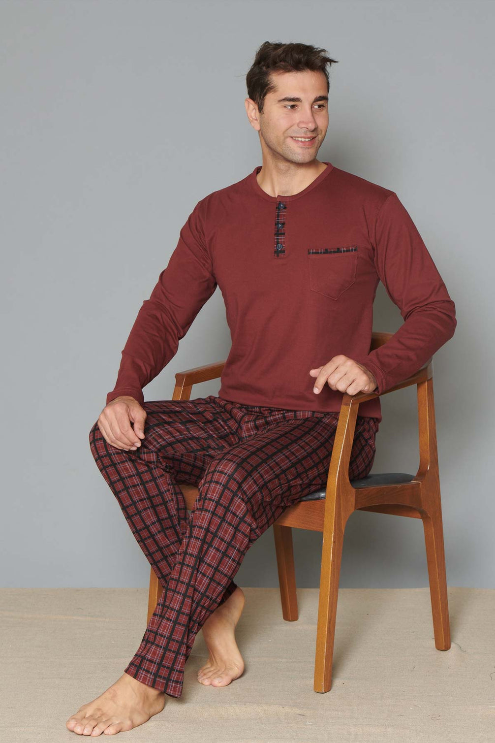 Pınarca Erkek Pijama Takımı Uzun Kollu Düğmeli Altı Ekose İnterlok