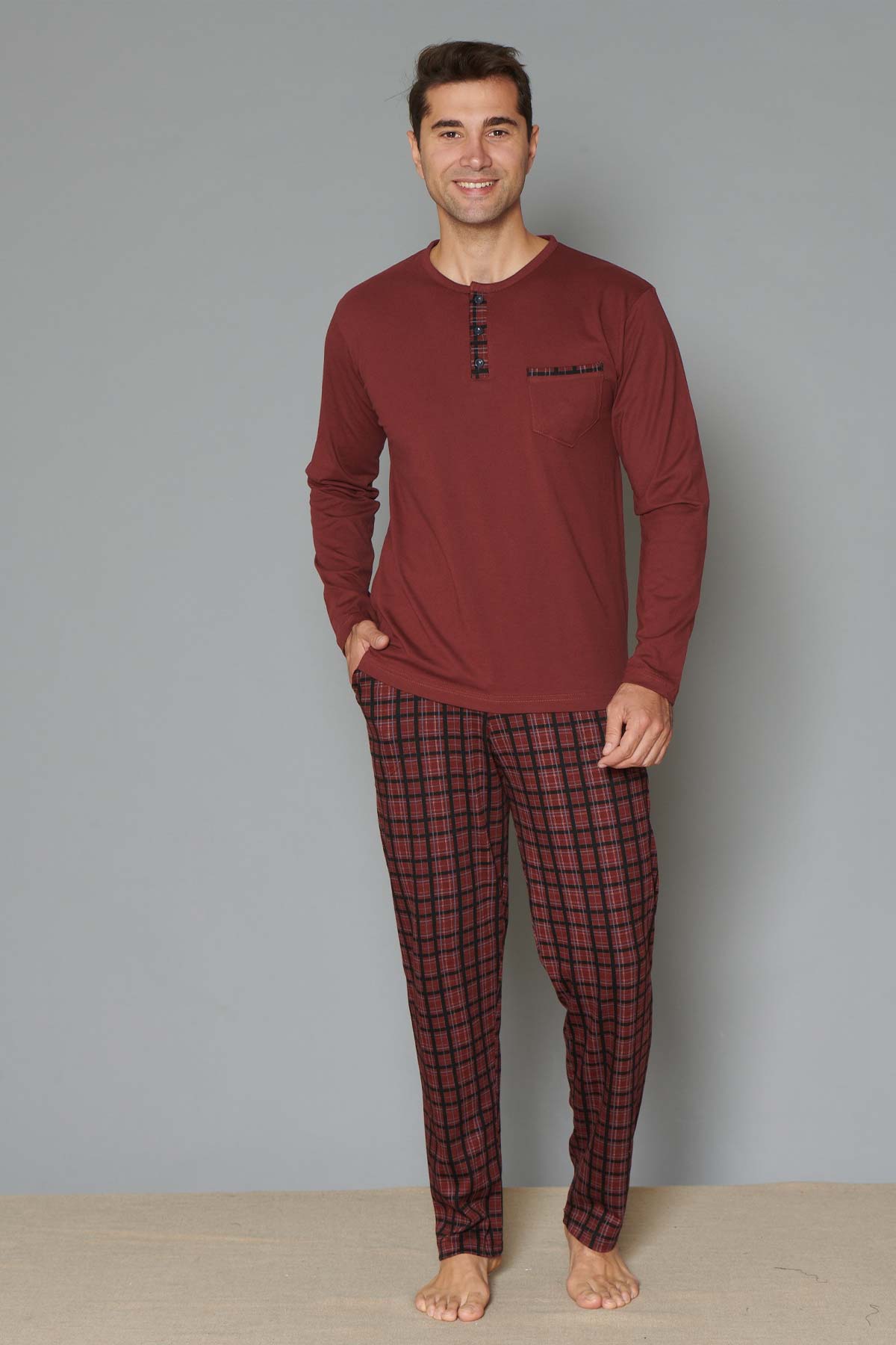 Pınarca Erkek Pijama Takımı Uzun Kollu Düğmeli Altı Ekose İnterlok