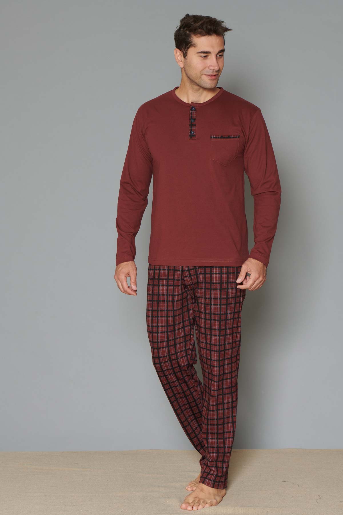 Pınarca Erkek Pijama Takımı Uzun Kollu Düğmeli Altı Ekose İnterlok
