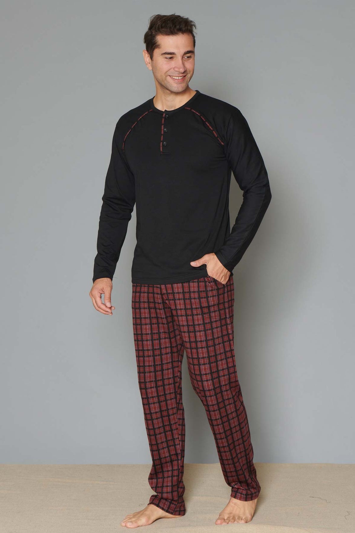 Pınarca Erkek Pijama Takımı Uzun Kollu Düğmeli Altı Ekose İnterlok