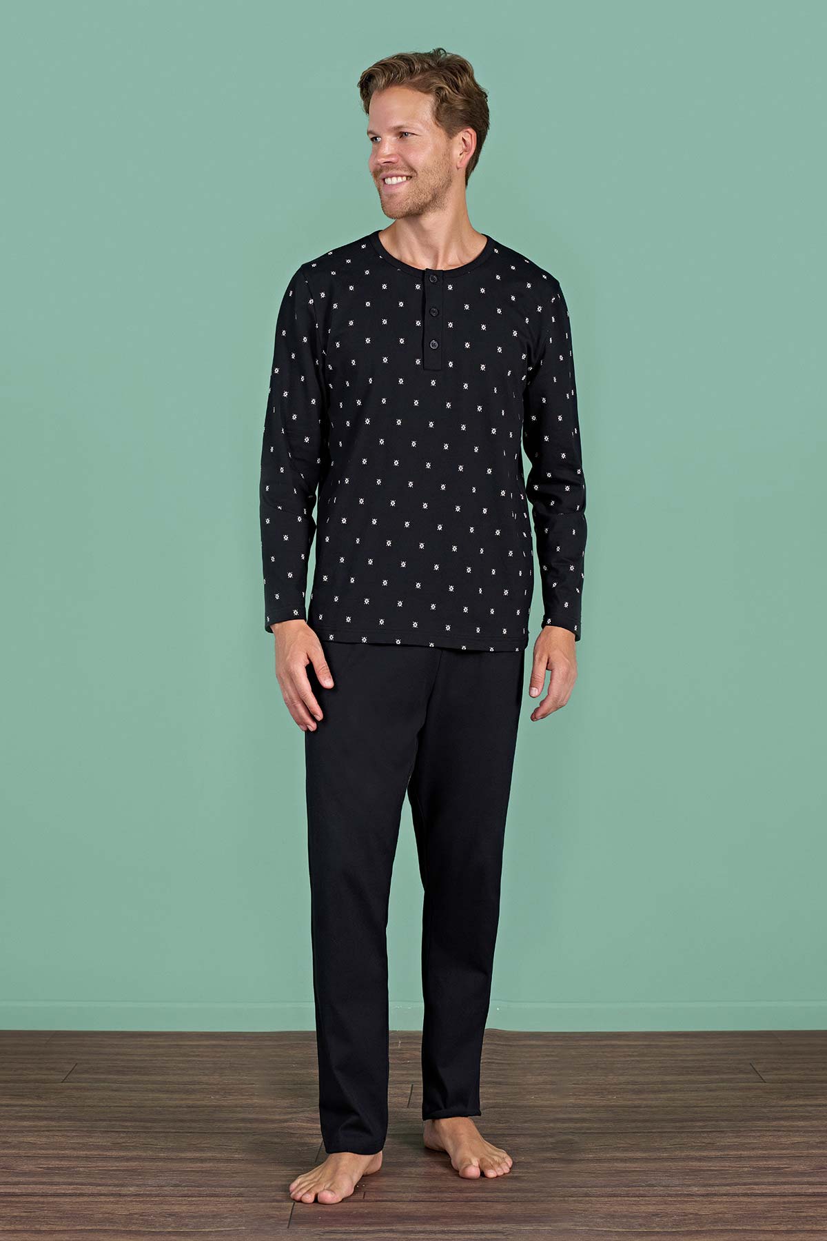Pınarca Erkek Pijama Takımı Uzun Kollu Düğmeli Büyük Beden Desenli Pamuklu