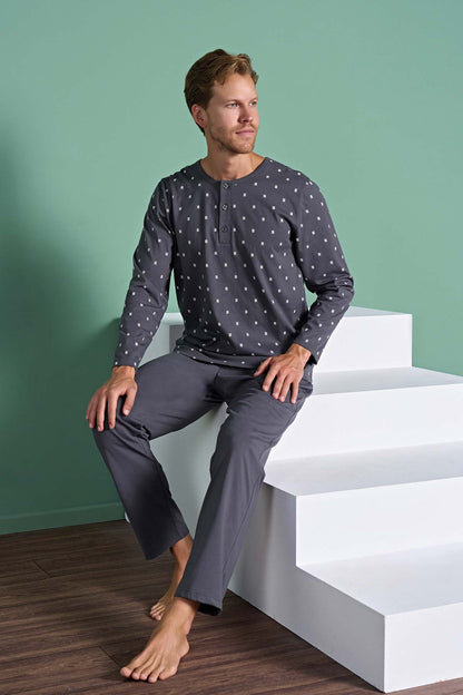 Pınarca Erkek Pijama Takımı Uzun Kollu Düğmeli Büyük Beden Desenli Pamuklu