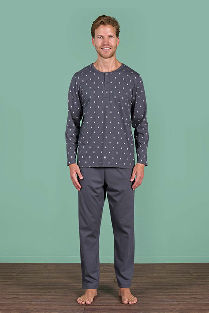 Pınarca Erkek Pijama Takımı Uzun Kollu Düğmeli Büyük Beden Desenli Pamuklu