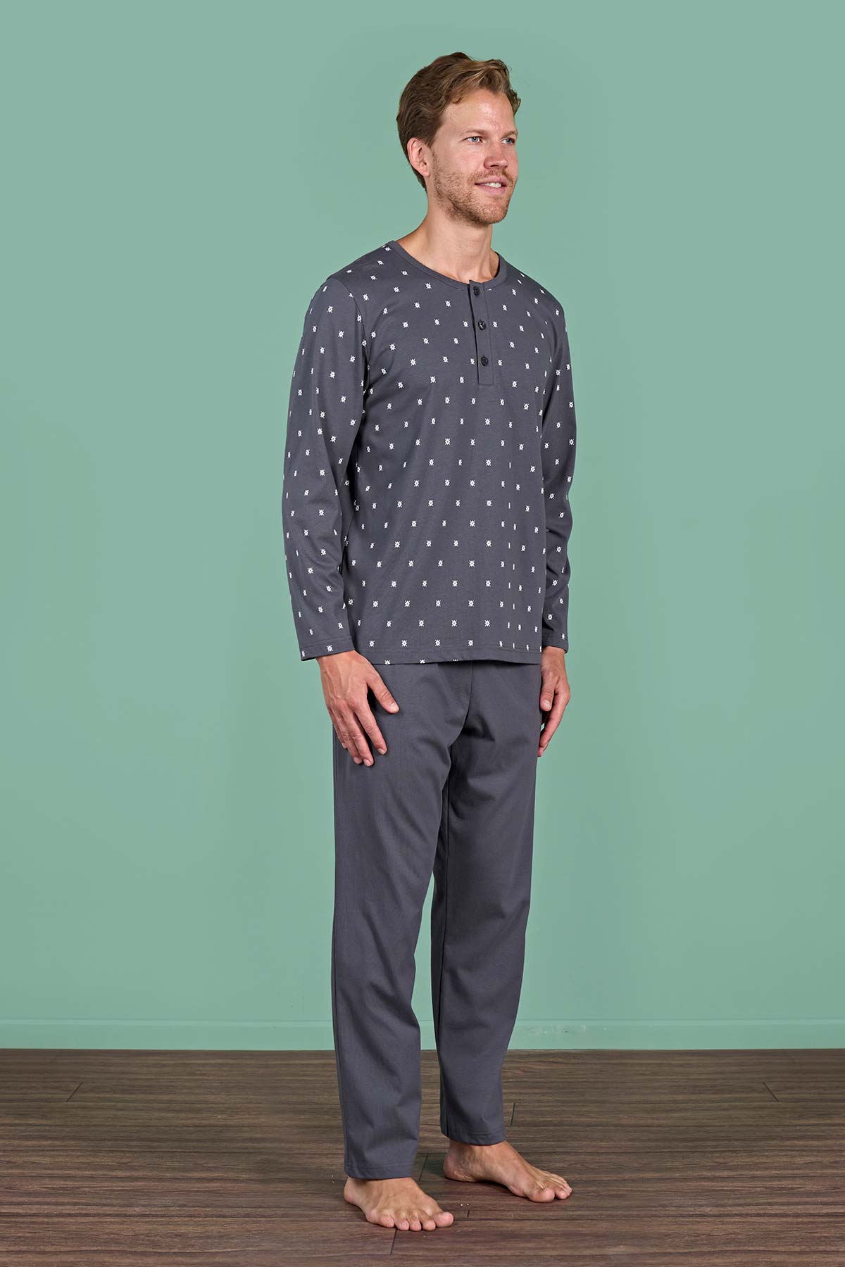 Pınarca Erkek Pijama Takımı Uzun Kollu Düğmeli Büyük Beden Desenli Pamuklu